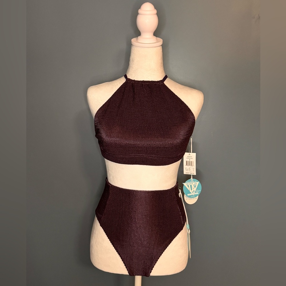 WET brand Bikini Set Small Eggplant Purple Textured High Neck High Waisted NWT